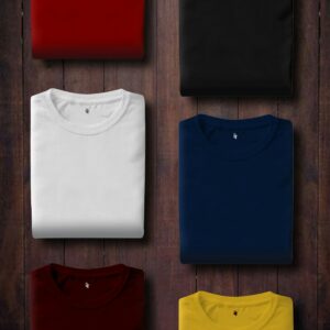 Folded plain crew-neck t-shirts in assorted colors