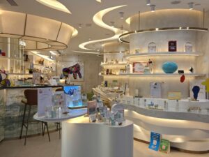 Bright retail boutique with curved display shelves