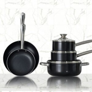 Black non-stick cookware set with lidded saucepans