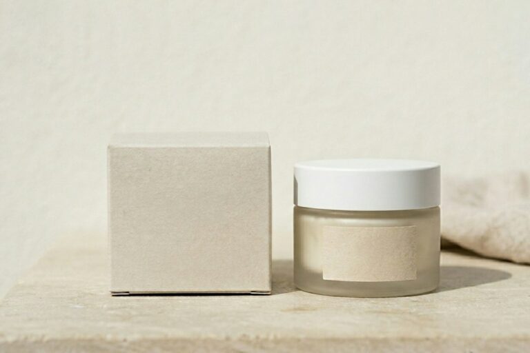 Glass jar with a blank kraft label beside a plain packaging box