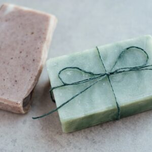 Handmade green olive oil soap bars tied with twine