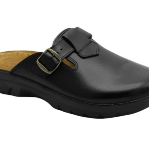 Black leather buckle-strap slip-on clog
