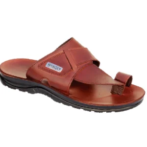 Brown leather toe-loop sandal with embossed patch